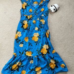 Time and Tru Blue Floral Midi Dress with Yellow Blooms